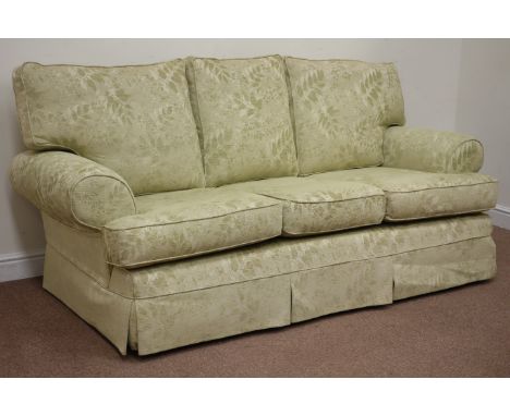 Multi-York three seat sofa (W210cm), and pair matching armchairs (W110cm), upholstered in pale green fabric Condition Report 