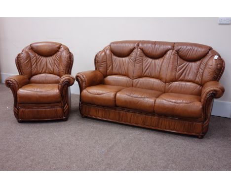 Italian three seat sofa (W190cm), and matching reclining armchair (88cm), upholstered in brown leather Condition Report Click