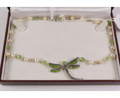 Peridot, pearl, marcasite and enamel dragonfly necklace stamped 925 Condition Report Click here for further images, condition