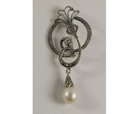Pearl and marcasite flower brooch stamped 925 Condition Report Click here for further images, condition, auction times & deli