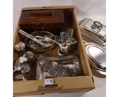 Rosewood tea caddy, two Chinese white metal paperweights, three silver plated tureens and other silver plate in one box  Cond