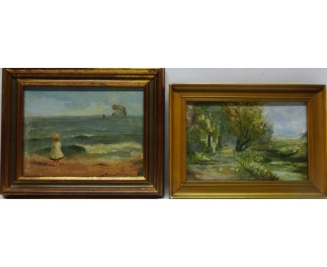 Child on a Beach, oil on board unsigned 19cm x 25cm and Rural River Scene with Figure, overpainted print unsigned 17cm x 26cm