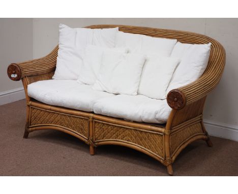 Three piece bamboo conservatory suite comprising of - two seat sofa (W155cm), armchair (W95cm), with upholstered loose cushio