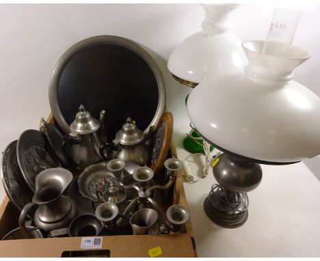 Three piece pewter tea set and tray, other pewter, matching table lamp and one other  Condition Report Click here for further