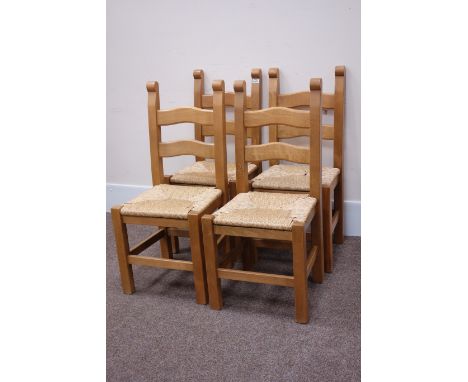 Set four beech farmhouse style ladder back dining chairs with rush seats Condition Report Click here for further images, cond