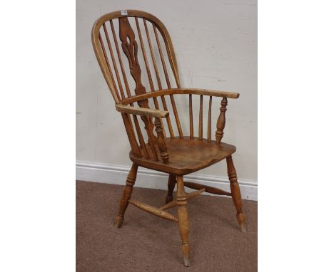 19th century elm and ash double bow, stick and fret work splat back Windsor armchair, raised on 'H' stretcher base Condition 