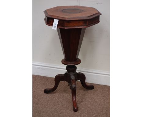 Victorian walnut octagonal work table, hinged lid enclosing storage well, raised on carved tripod base, D43cm, H69cm Conditio