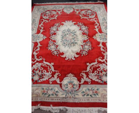 Large Chinese washed woollen red ground rug carpet, 360cm x 275cm Condition Report Click here for further images, condition, 