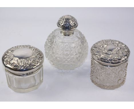 Edwardian silver top scent flask Chester 1909 and two dressing table jars Condition Report Click here for further images, con