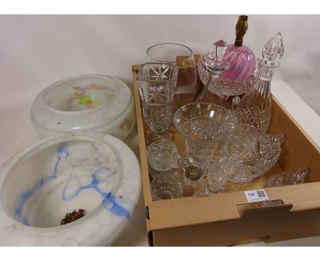 Vaseline glass lamp base, two Art Deco glass shades, Stuart cut glass decanter and other crystal and glass ware in two boxes 