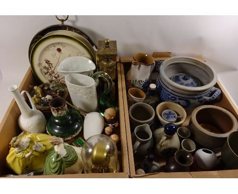 Two Royal Doulton figurines, Goebel friar milk jug and similar pair of salt and pepper pots, Kaiser vases, studio pottery and