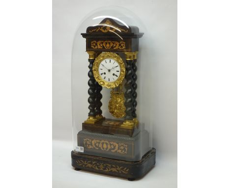 19th century French Empire period ebonised Portico clock with inlaid plinth and pedestal, striking on bell, with glass dome, 