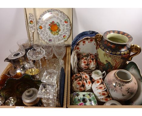 M&S daisy pattern part tea service, two carnival type dishes, glassware, silver plate and miscellanea in two boxes  Condition