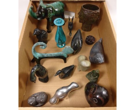 Hoselton stainless steel model of a Buffalo, Canadian pottery cat and Elephant and various soap stone and other carvings in o