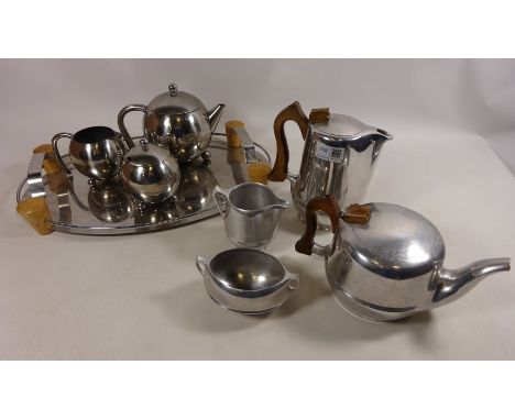 Piquot ware four piece tea service, stainless steel tea service and tray  Condition Report Click here for further images, con