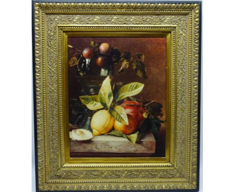 Still Fruit Glass Goblet and Fruit, colour print 49cm x 40cm in ornate frame Condition Report Click here for further images, 