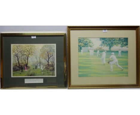 Figures in a Park, colour print after Helen Bradley 29cm x 39cm and Cricket Scene, colour print 35cm x 45cm (2) Condition Rep