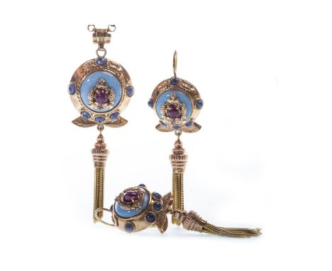 SUITE OF VICTORIAN STYLE JEWELLERY, comprising a pendant on chain, the pendant with circular section with central area of tur
