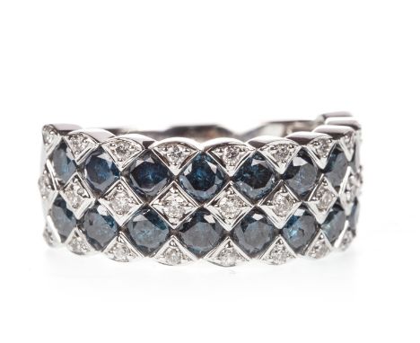 BLUE AND WHITE DIAMOND RING, the 8.4mm bezel set with heat treated round blue diamonds interspaced by round brilliant cut dia