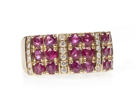 RUBY AND DIAMOND RING, the bezel 9mm wide, set with rows of round rubies with accompanying WGI report number WGI9624117868 st