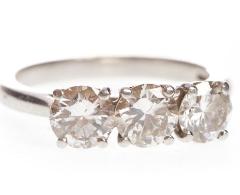 DIAMOND THREE STONE RING, set with round brilliant cut diamonds totalling approximately 1.80 carats, marks indistinct, size M