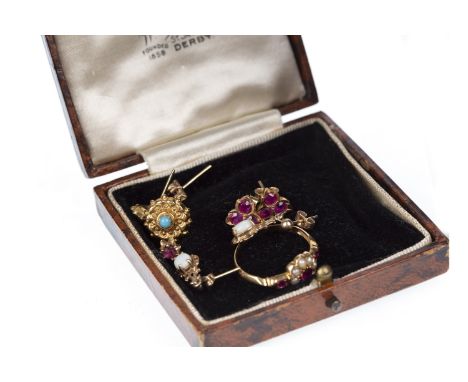 VICTORIAN CREATED RUBY AND PEARL RING, hallmarks worn, size N, 1.8g, along with four pairs of gem set earrings, 4.8g gross