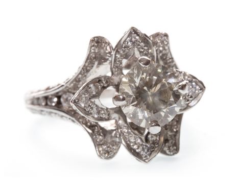 DIAMOND DRESS RING, set with a central round brilliant cut diamond of approximately 1.50 carats above openwork diamond set se