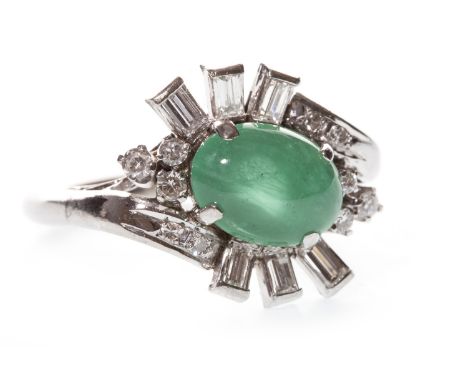 GREEN GEM AND DIAMOND RING, set with a central cabochon green gem 9.5mm long to a twist setting with baguette and round brill