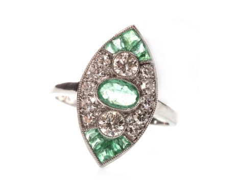 EMERALD AND DIAMOND RING, in the art deco style, the marquise shaped bezel 20.5mm long and set with a central oval faceted em