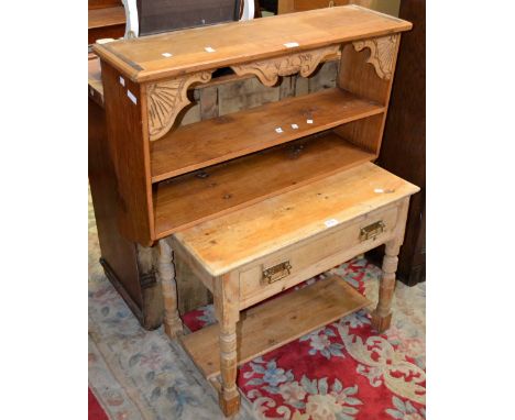A pine side table and a pine two tier shelf