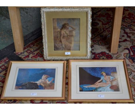 Eduard Bisson, lithograph print, classical maiden; William Russell Flint, gouache Synthia (golden turban) and Diana (blue har