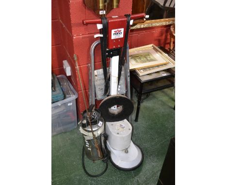 A Phoenix floor polisher; a stainless steel sprayer; and a small aluminum step ladder 