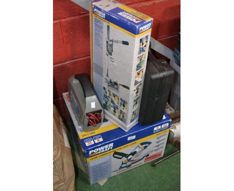 Tools - a Power craft 1200w 210mm table top mitre saw, boxed;  a a power craft drill stand with vice;  a Wickes cord less dri