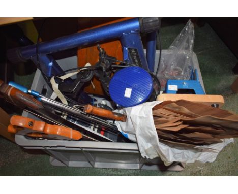 Tools - a mitre saw; others, crosscut, ripsaw and backsaw; a small bench vice; a vernier height gauge; a Minoura indoor bicyc
