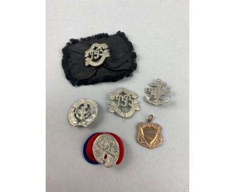 GROUP OF BOY'S BRIGADE BADGES, along with a silver handled button hook, rattle and vintage spectacles