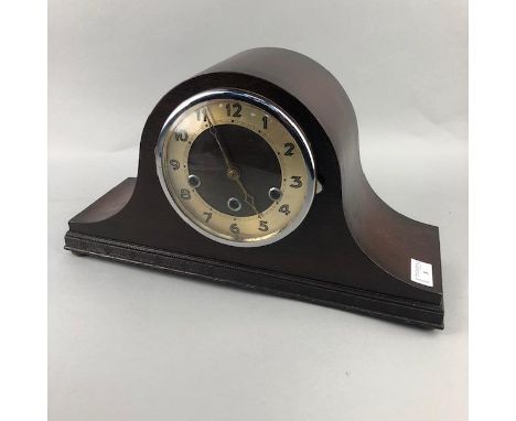 MAHOGANY CASED MANTEL CLOCK with Arabic numerals, 42.5cm wide, 23cm high