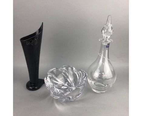 AN ORREFORS GLASS BOWL, 19cm wide, along with a Dartington Crystal decanter and a Carlo Wild vase (3)