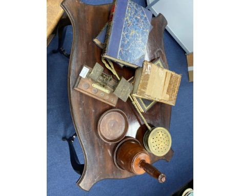 EARLY 20TH VICTORIAN TURNED FRUIT WOOD GAVEL, 23cm high, along with a chestnut roaster, a Victorian photograph album, a part 