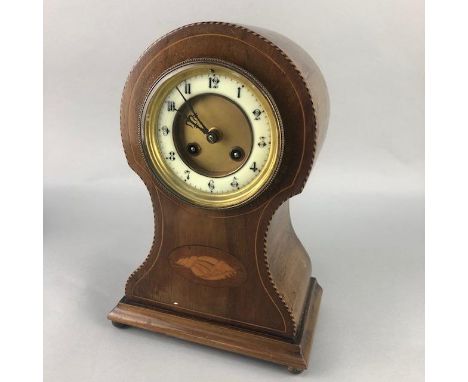 EDWARDIAN INLAID MANTEL CLOCK, with crossbanded and inlaid shell motif decoration, 29.5cm high