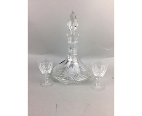 CRYSTAL DECANTER WITH STOPPER, 29cm high, along with another decanter and other glass items, including drinking glasses