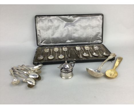 VICTORIAN SILVER TODDY LADLE, along with other silver flatware including a cased set of twelve teaspoons and tongs, six Old E