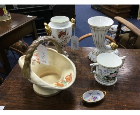 CROWN DUCAL BASKET DISH, 18cm high, along with other ceramics including Coalport, Royal Crown Derby and a miniature Dresden t