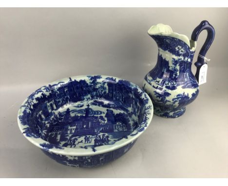 BLUE AND WHITE EWER AND WASH BASIN, the ewer 27cm high