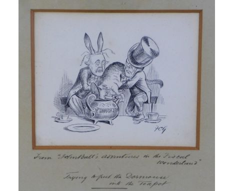 Francis Carruthers Gould, (1844 - 1925), ink drawing 'Trying to put the door mouse into the the teapot', signed bottom right 