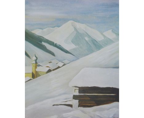 20th century coloured print of snow capped roof tops, in a glazed frame, size overall  65 x 75cm 