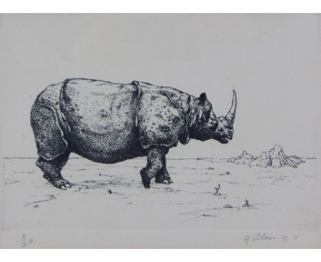 Bill Gillon a limited edition print of a Rhino, signed in pencil and dated '87, framed under glass, 23 x 17cm 