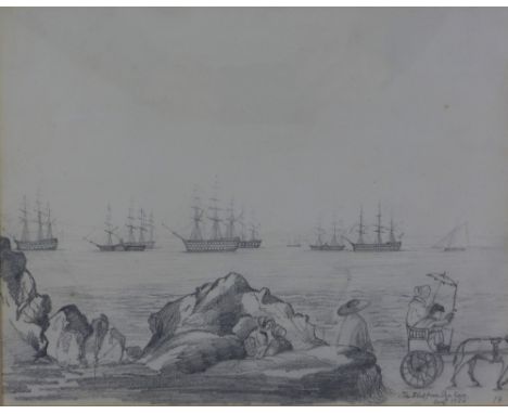 19th century English School, ;The Fleet from Seaview', pencil sketch, entitled and dated Aug 1853, framed under glass, 28 x 2