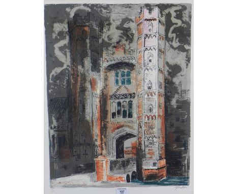 •John Piper, (1903 - 1992) Oxburgh Hall, Norfolk, coloured screen print 114/ 120, signed in pencil and framed under glass, sh
