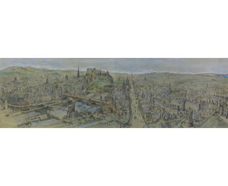 After Bryan de Grineau, panoramic view of Edinburgh, an overpainted print framed under glass, size overall 98 x 34cm