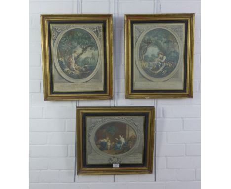 Three French coloured lithograph prints with verre eglomise and Hogarth style frames, 43 x 40cm (3) 